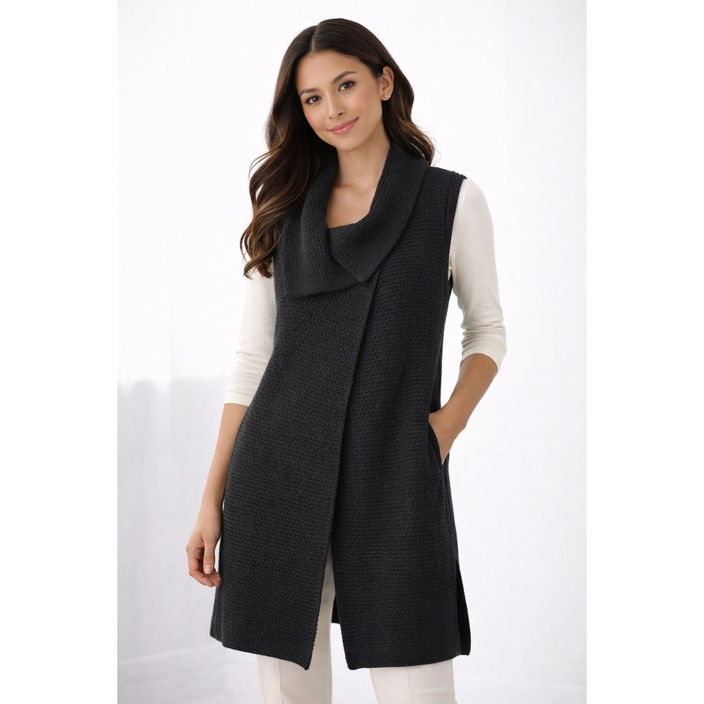 Chico's Sleeveless Knit Vest Sweater Black Textured‎ Open Front Quiet Luxury